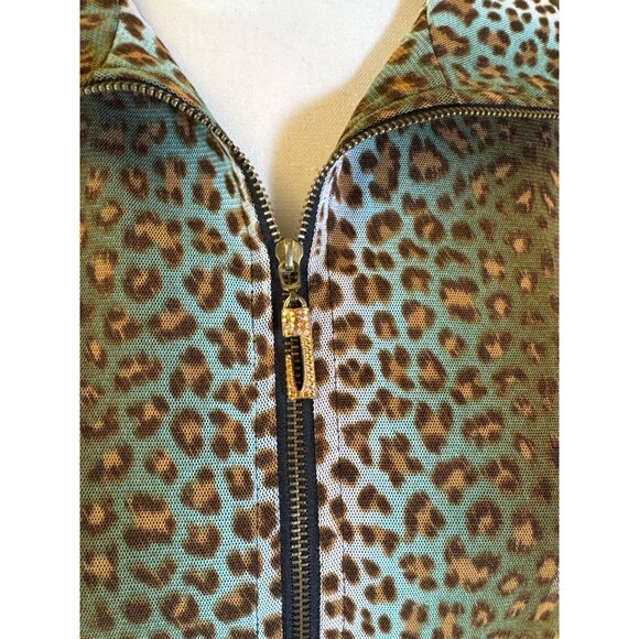 Leopard Print Sleeveless Zip-Up Mesh Blouse W/ Embroidered Cats - Picture 3 of 7